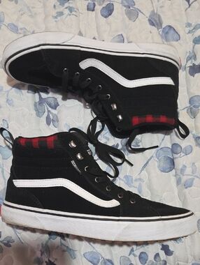 Big Kids Vans Black & White High-Top Sneakers with Red Plaid Collar